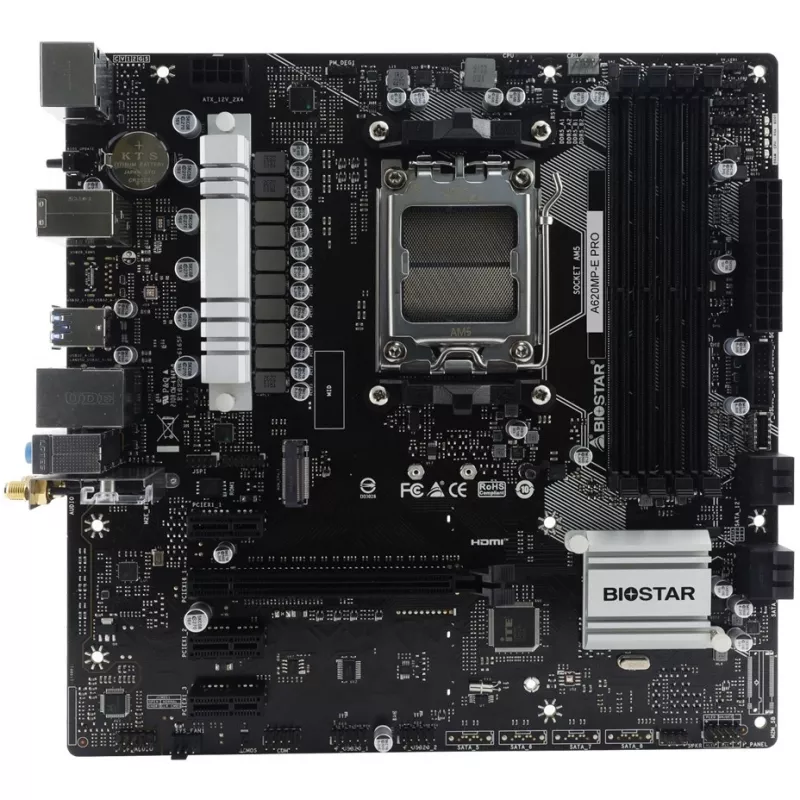 Placa-mãe BIOSTAR A620MP-E PRO — AMD A620 microATX, socket AM5, DDR5, 4 DIMM, máx. 128 GB, LAN 2,5Gb