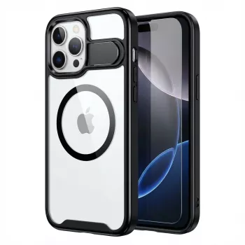 Capa protetora GUAN para Apple iPhone 16 Plus com vidro temperado 10H e suporte, parte traseira transparente com moldura preta