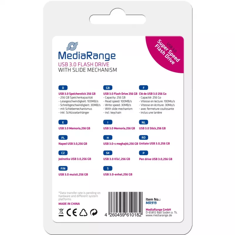 MediaRange - Pen USB - 256 GB - USB 3.0 - Preto, Prateado (MR919)
