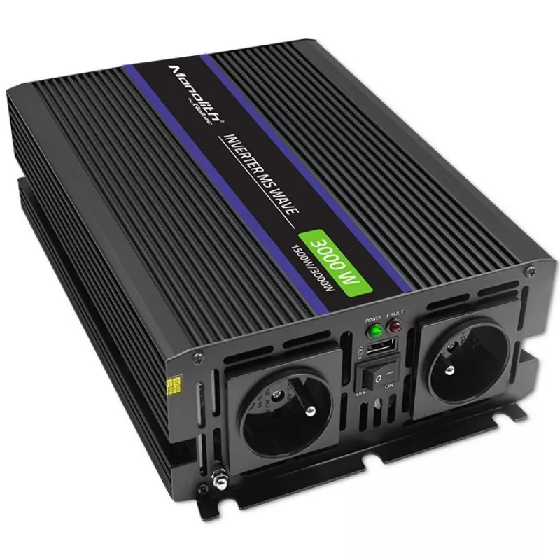Inversor QOLTEC Monolith 3000 MS Wave, 12V→230V, 1500/3000W, com USB