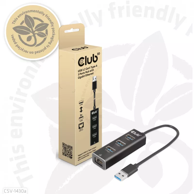 Hub USB CLUB3D USB 3.2 Gen1 Type-A com 3 portas e Gigabit Ethernet