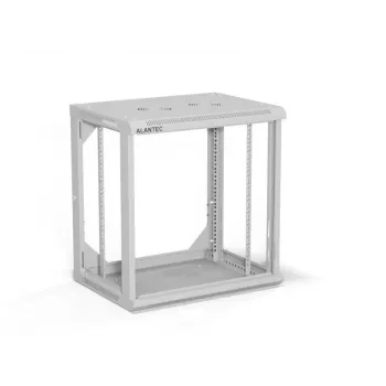 Armário de parede 19 polegadas Alantec 12U 600x450 mm, porta única de vidro, painéis traseiro e laterais completos removíveis, com fecho, 4 calhas de montagem, cinzento, embalagem plana