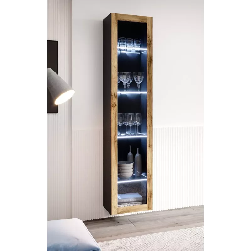 Vitrina Cama Meble VIGO 180 montagem na parede vitrina de vidro 1800×400×300 mm preto/carvalho Wotan