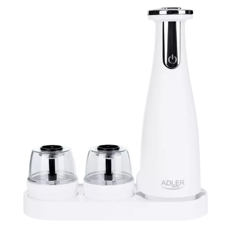 Conjunto de saleiro e pimenteiro Adler AD 4449W aço branco, moinho cerâmico, 150 ml, recarregável USB-C