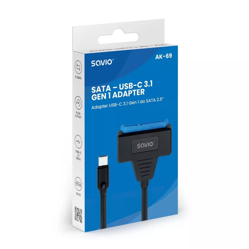 Cabo de interface SATA para USB-C SAVIO AK-69, conector fêmea SATA para conector macho USB-C, USB 3.2 Gen 1 (5 Gbit/s), 0,25 m, preto