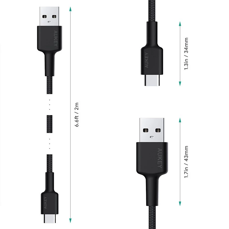 Aukey CB-CA2 OEM cabo de USB-C para USB-A, entrançado de nylon, 2 m, preto