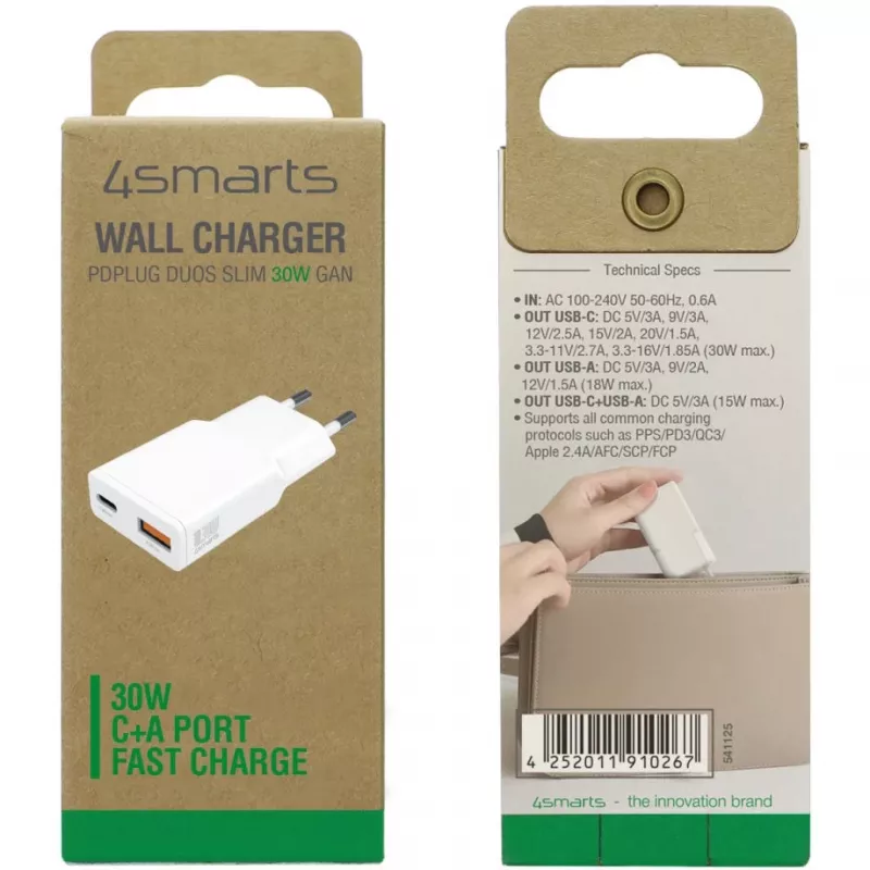 Carregador 4smarts PDPlug Duos fino Smartphone Tablet Branco AC carregamento rápido