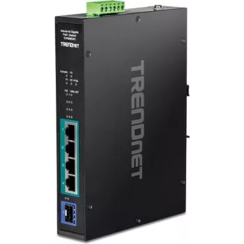 TRENDnet TI-PGM541 - Switch - -20 °C - 65 °C (-4 °F - 149 °F) - 4 x 10/100/1000 (PoE+) + 1 x Gigabit SFP - montagem em calha DIN, montagem na parede - PoE+ (120 W) - DC