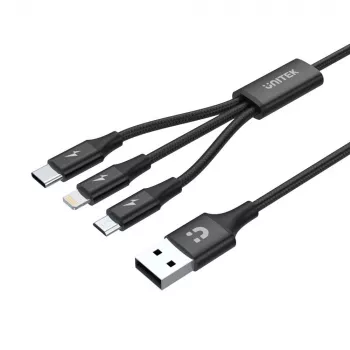 Cabo USB Unitek C14049BK — USB-C para Micro-USB B/Lightning, USB 2.0, 1,2 m, preto