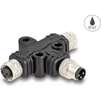 DeLOCK M8 T-splitter codificação A 3 pinos 1 x ficha para 2 x conector fêmea ligação paralela