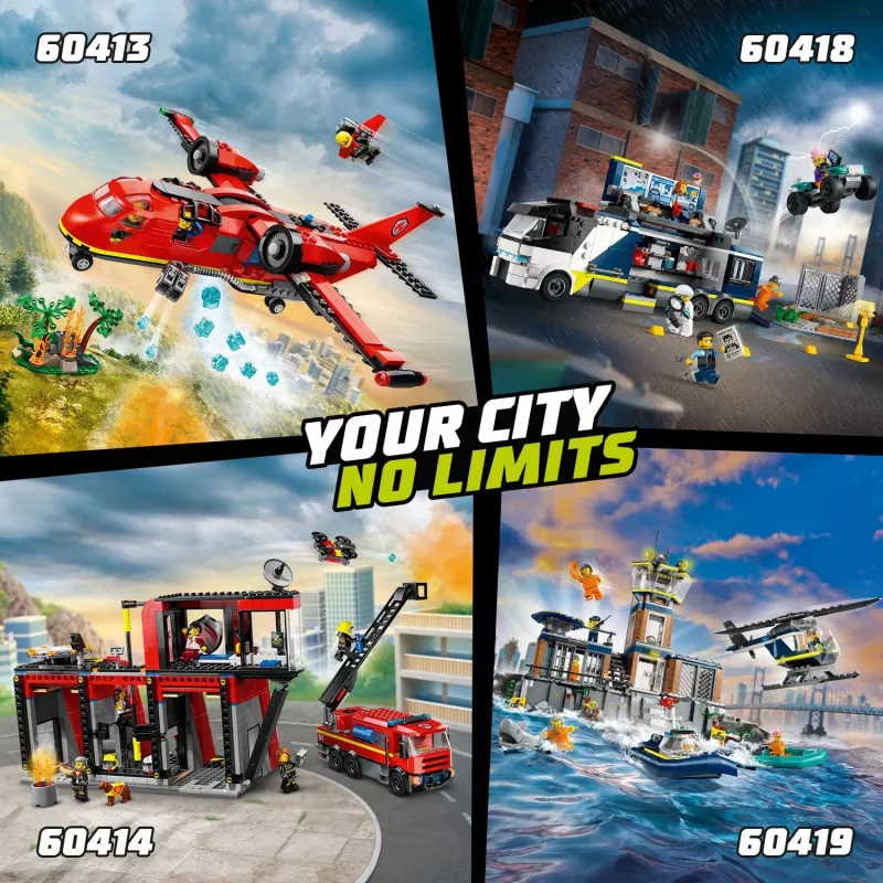 Brinquedo de construção LEGO City Quartel dos Bombeiros com veículo de escada giratória 60414 — 843 peças, 5 minifiguras, 220×320×140 mm