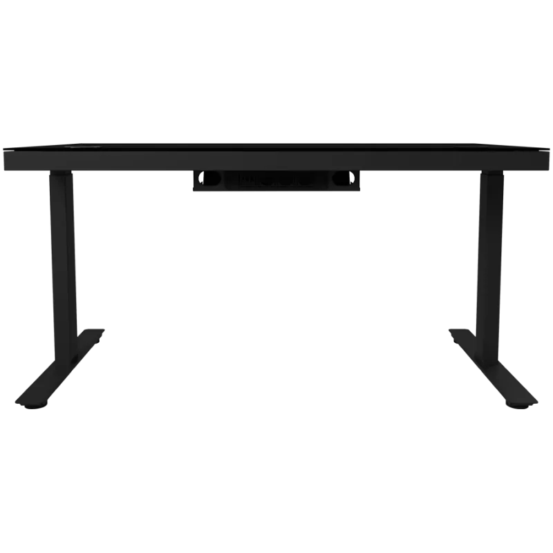 Secretária gaming de altura ajustável com dois motores, função sentado/em pé, carregador sem fios, iluminação RGB, painel de controlo e portas USB, tampo em vidro temperado, preto