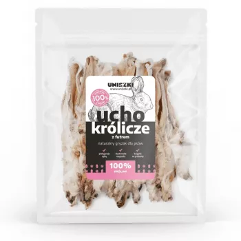 Artigo de mastigar para cães UNISZKI orelha de coelho com pelo — 20 unid., sabor natural a coelho, saqueta de 201–499 g