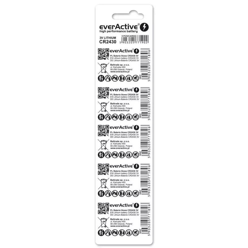 everActive CR2430 CR24305BL pilha de botão de lítio 3 V, 300 mAh, embalagem de 5