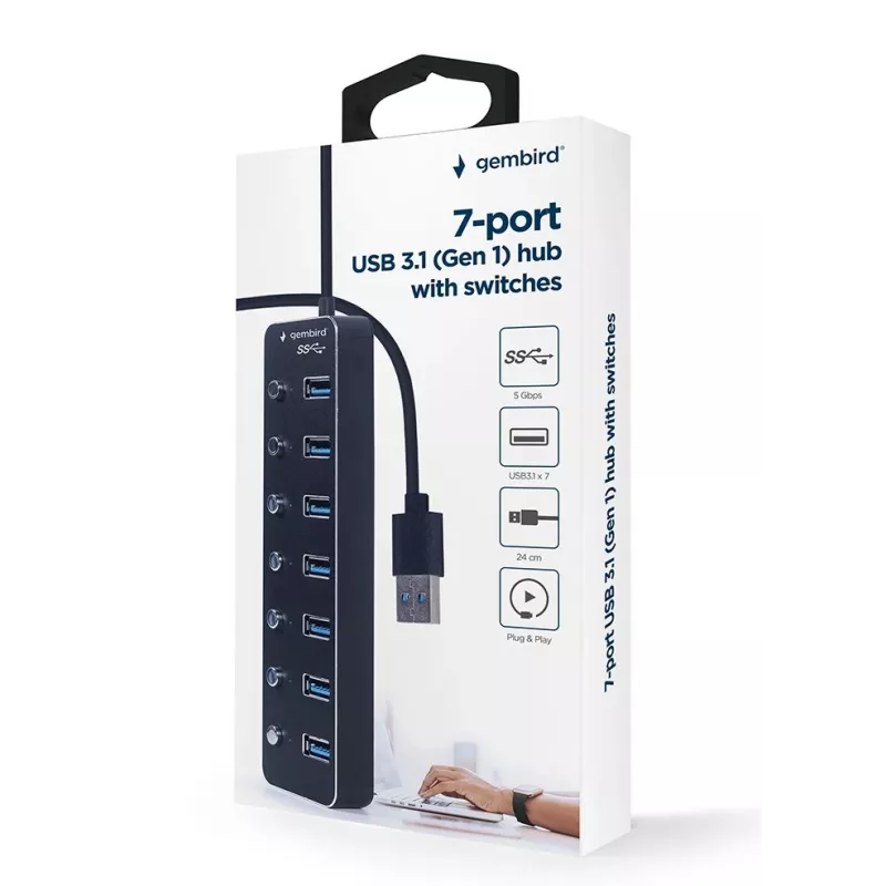 Hub USB Gembird UHB-U3P7P-01, 7 portas USB 3.2 Gen 1 (Type-A), cabo de 0,24 m, preto