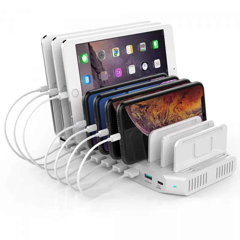 Estação de carregamento Unitek Y-2190A — 10 portas USB (8×USB2.0 + 2×USB3.2 Gen1), carregamento sem fios, 96 W potência total