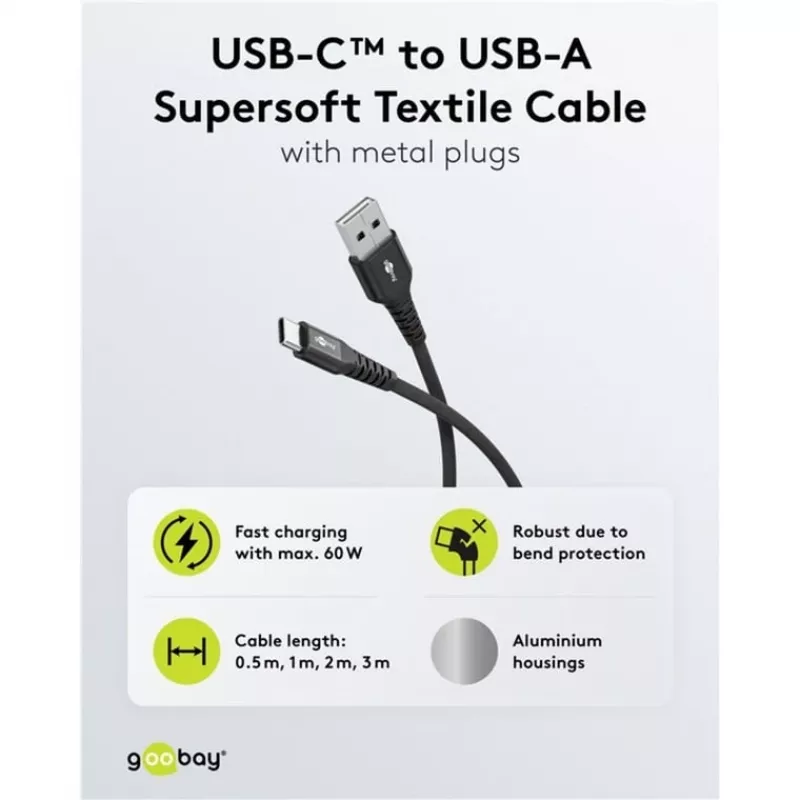 Cabo Goobay USB-C Fabric Supersoft com fichas metálicas, 2 m, preto (2m, USB 2.0, 60W), cabo USB