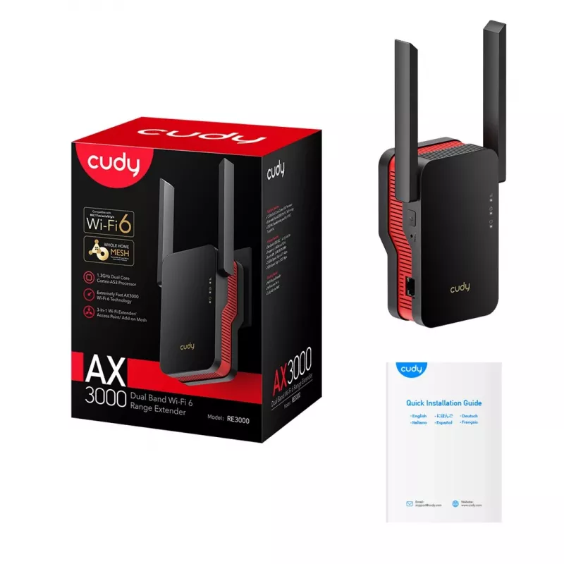 Amplificador de sinal Wi‑Fi Cudy RE3000 2400–5000 MHz, 802.11ax/ac/n/g/b/a, Ethernet 100 Mbps, antena externa, preto/vermelho