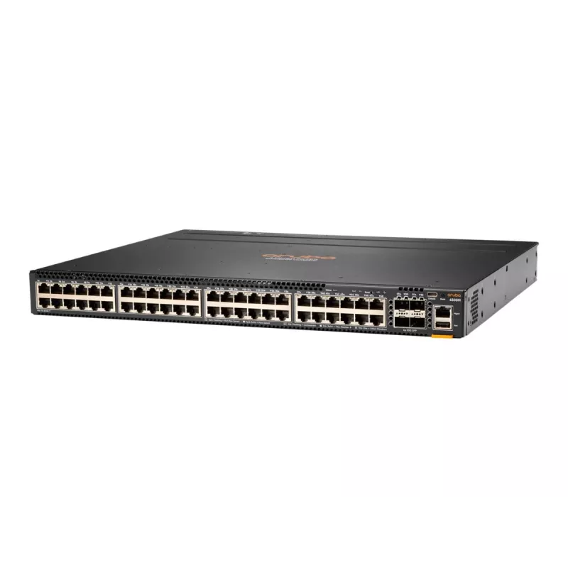 HPE - Aruba 6300M - Switch - L3 - gerido - 48 x 10/100/1000 (1 PoE+) + 4 x 1 Gigabit / 10 Gigabit / 25 Gigabit / 50 Gigabit SFP56 (Uplink / Stacking) Frente e lateral para trás