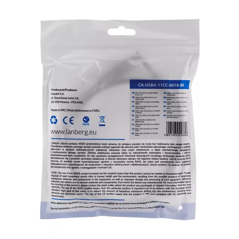 Cabo USB Lanberg CA-USBA-11CC-0010-BK 1 m 2.0 USB B preto