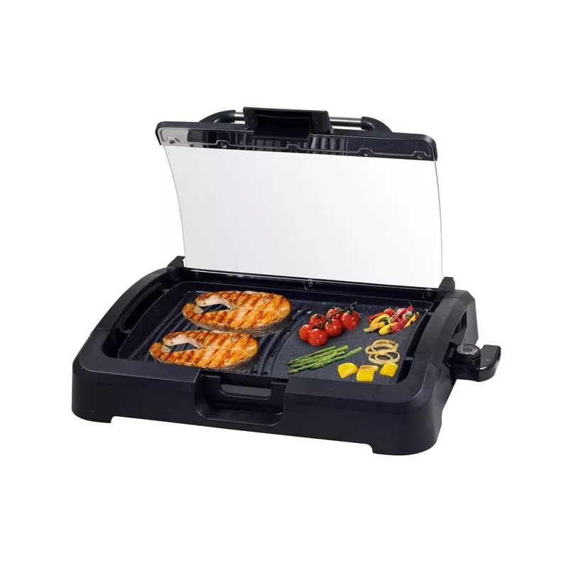 Beper 90.871 grelhador elétrico, placa antiaderente de 39 x 29 cm, tampa de vidro, 2200 W, preto