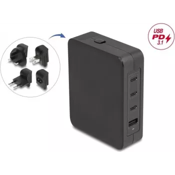 Adaptador de fonte de alimentação DELOCK 145W com 3×USB-C e 1×USB-A