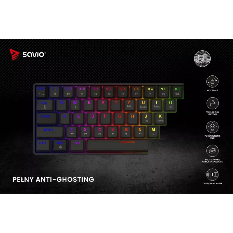 Teclado mecânico gaming SAVIO BLACKOUT X2 BROWN 61 teclas 60% USB QWERTY RGB Outemu Brown