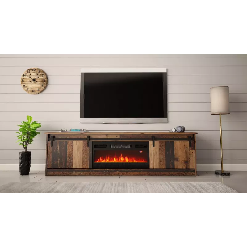 Móvel de TV Cama Meble GRANERO com móvel de lareira, 2000×567×350 mm, aglomerado/MDF, 2 portas de correr, mate, madeira envelhecida