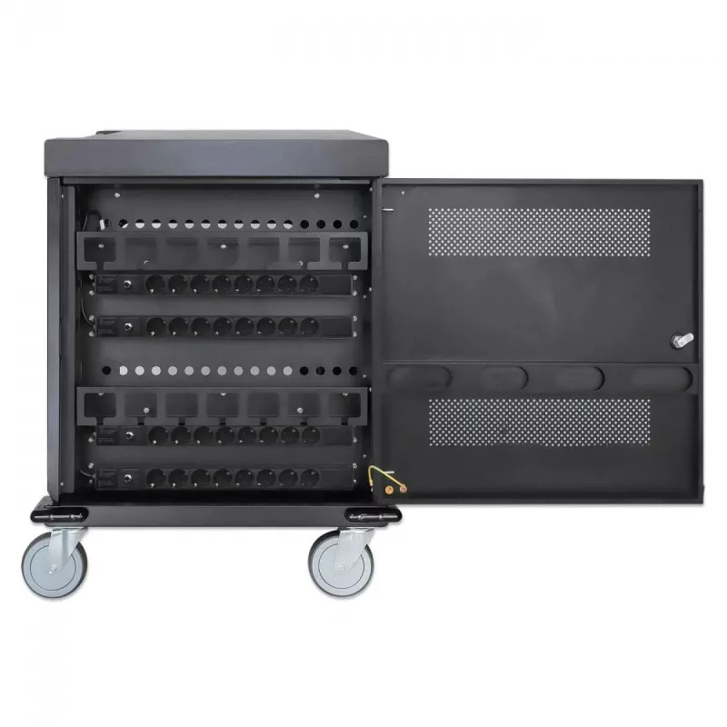 Carrinho/armário de carregamento para portáteis Manhattan com adaptador AC (UE) 32 compartimentos, instale o adaptador AC (cabo de alimentação) do dispositivo no dispositivo, adequado para TODOS os portáteis (até 15,6 polegadas), iPads, MacBooks, Chromebooks, outros dispositivos USB-C, compartimentos 380 x 30 x 280 mm, armário, com fecho