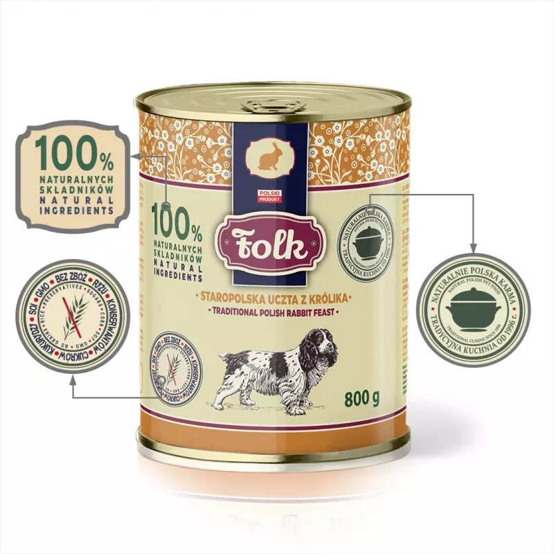 FOLK tradicional festim polaco de coelho - comida húmida para cães - 800g