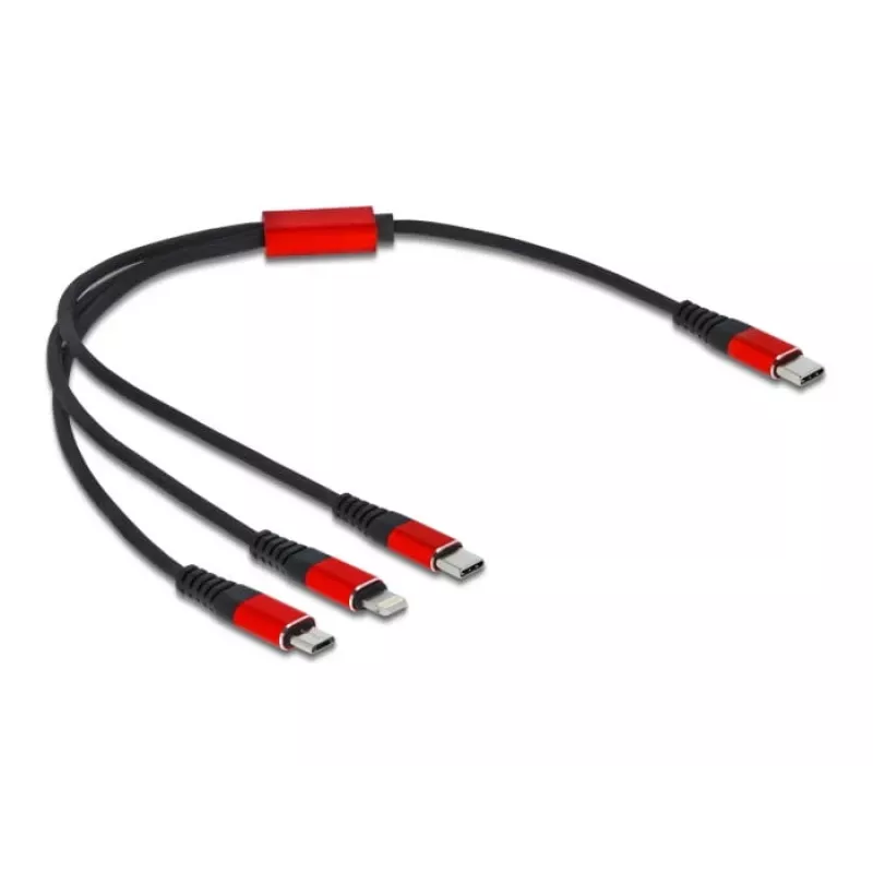 Cabo de carregamento USB DeLOCK 86710 3 em 1 USB Type-C para Lightning Micro USB 30 cm preto vermelho