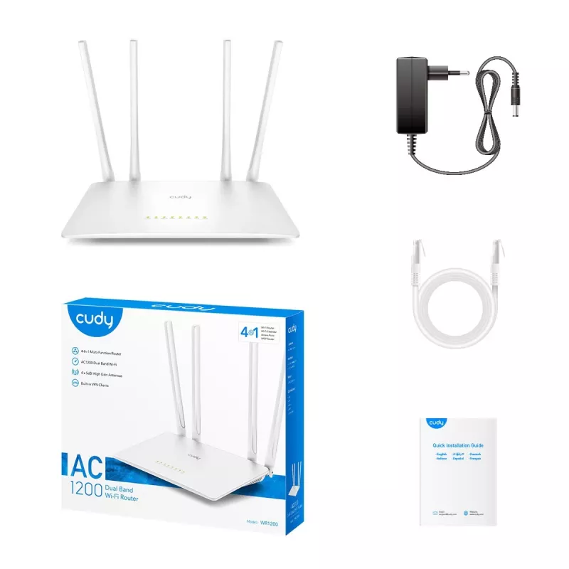 Router de mesa Cudy WR1200 Dualband Wi‑Fi 5 (802.11ac) 867 Mbit/s, 4x RJ‑45 LAN, Branco