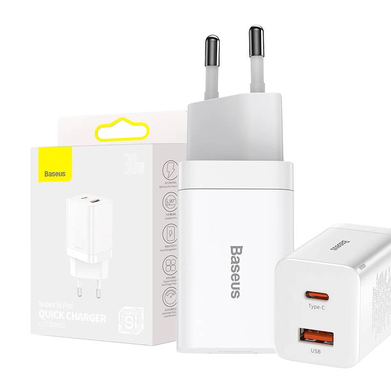 Baseus Super Si Pro carregador rápido USB + USB-C 30W (branco)