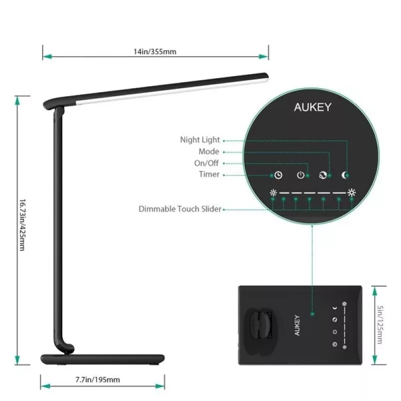 Candeeiro de secretária LED Aukey LT-T10 12W 3000–6500K — temperatura de cor ajustável, preto