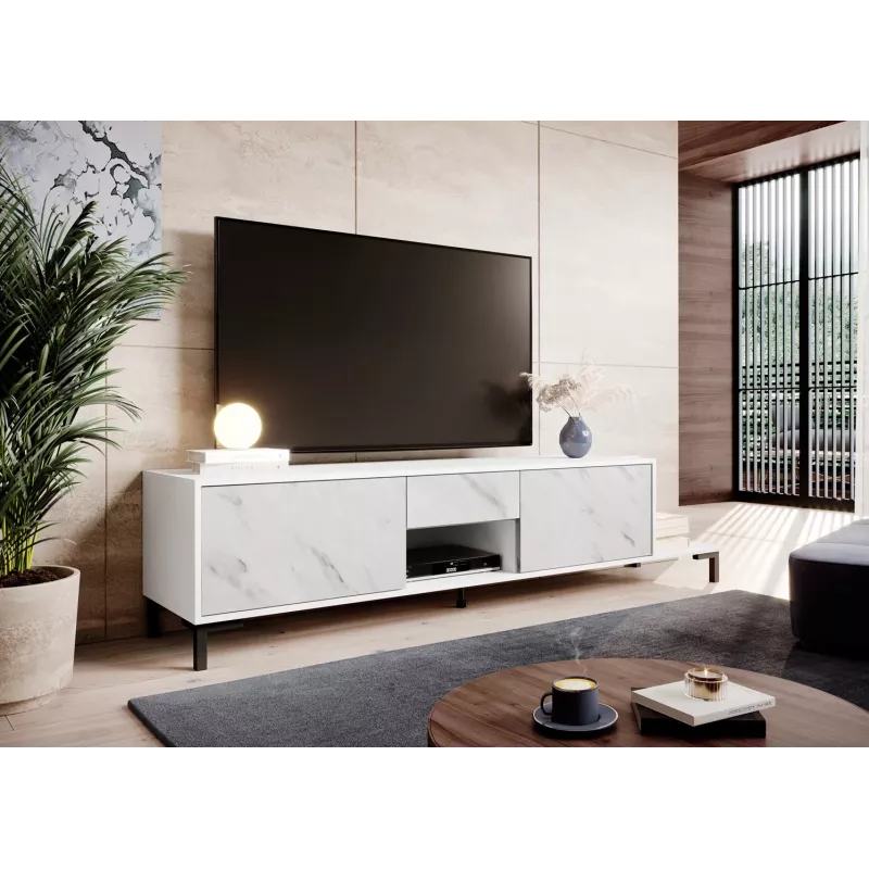 Móvel de TV Cama Meble MARMO 2D1S1K, 195x40x47,5 cm, branco mate/tampo superior branco mármore