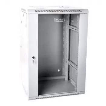 Armário de rede de parede 19 15U 600x600, porta de vidro, cinzento, design dividido, montado, 60kg