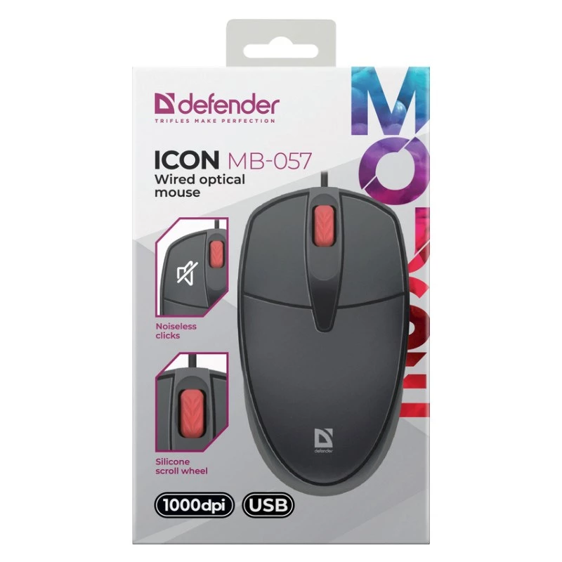Rato DEFENDER ICON MB-057 ótico 1000dpi 3P preto clique silencioso