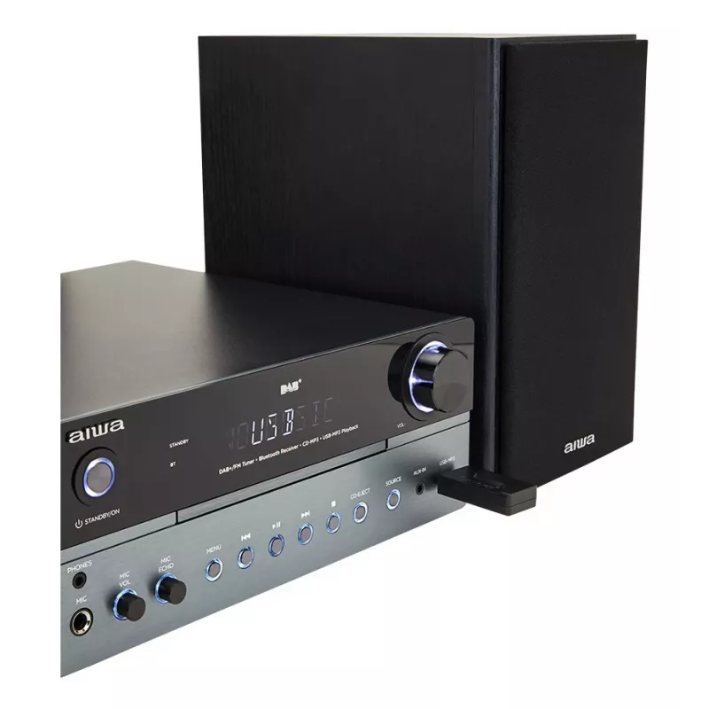 Micro-sistema de áudio doméstico Aiwa MSBTU-700DAB — 25 W RMS, DAB+/FM, Bluetooth 10 m, gaveta para CD, visor LED, preto/azul ártico