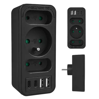 Power Splitter MACLEAN MCE248 F/B — 3 tomadas AC (1x16A, 2x6A) e 4 portas USB (2xUSB‑A, 2xUSB‑C PD 20W), ficha EU, preto