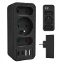 Power Splitter MACLEAN MCE248 F/B — 3 tomadas AC (1x16A, 2x6A) e 4 portas USB (2xUSB‑A, 2xUSB‑C PD 20W), ficha EU, preto