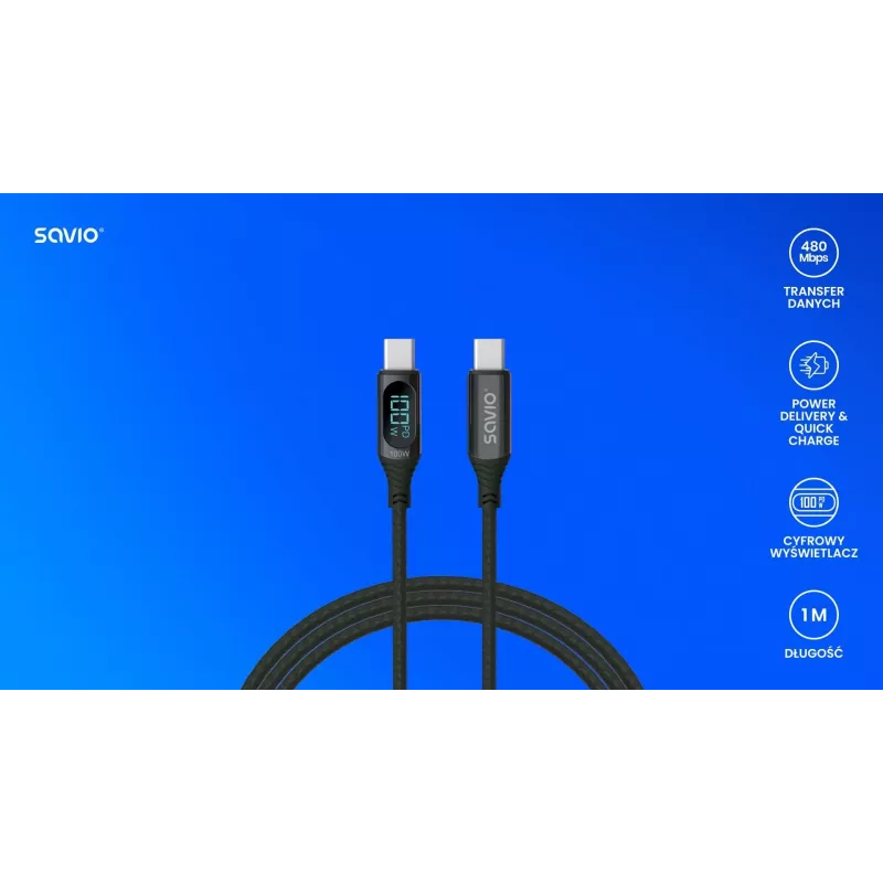 Savio CL-174 cabo USB-C para USB-C, 100 W, Power Delivery/Quick Charge, visor digital, 1 m, verde