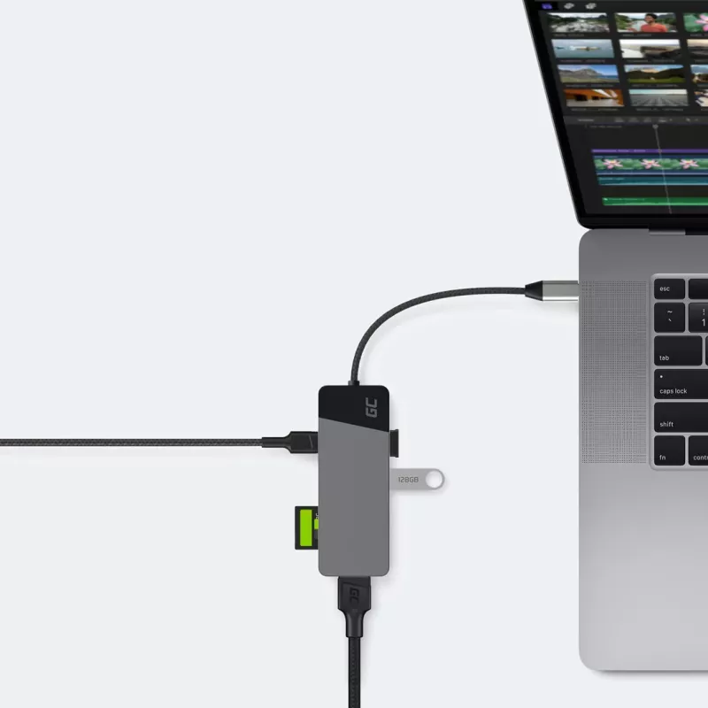 Hub USB Type-C Green Cell HUBGC01 — 7 portas: 3×USB‑A 3.2 Gen 1, 1×USB‑C 3.2 Gen 1, HDMI, leitor de cartões microSD+SD — Prateado
