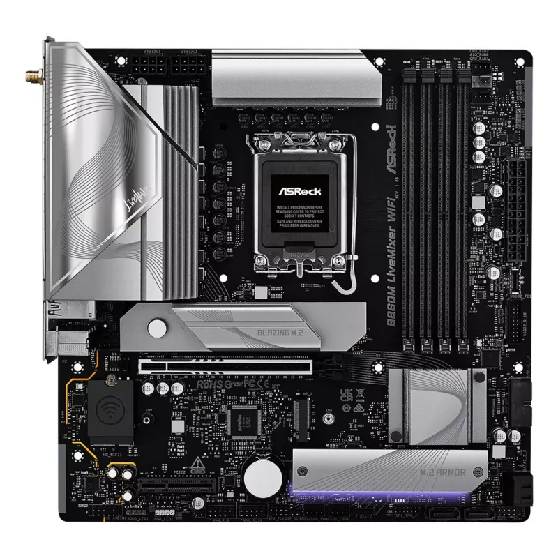 Placa-mãe ASRock B860M LiveMixer WiFi — Intel B860, LGA 1851, micro ATX, DDR5, 4x DIMM, Wi‑Fi 6E, 2.5Gb LAN