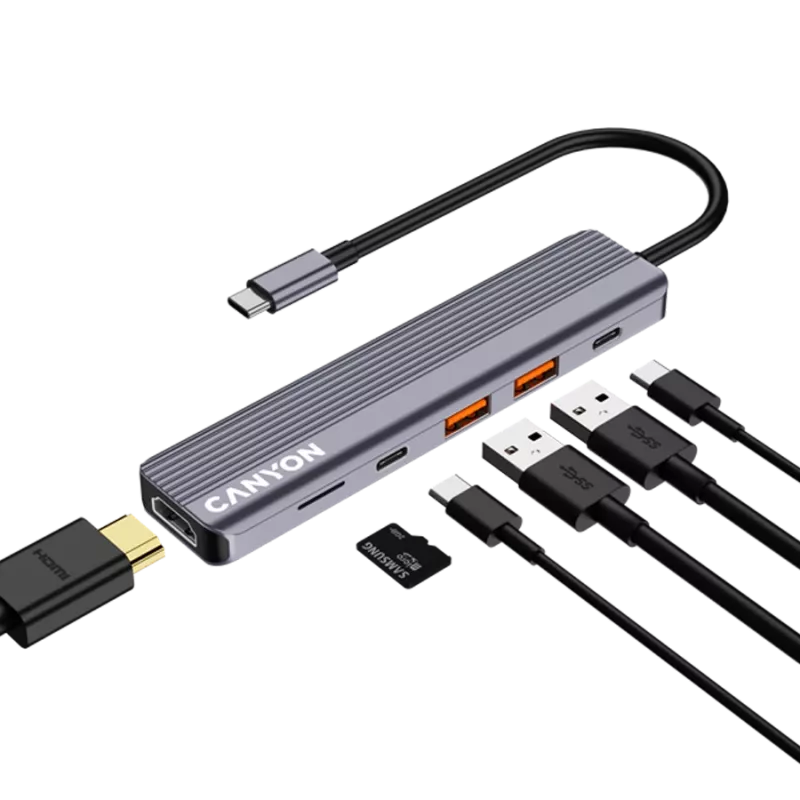 Hub USB Type-C CANYON DS-17 — HDMI, USB 3.2 Gen 1 A, USB-C, MicroSD, 10000 Mbit/s, cinzento