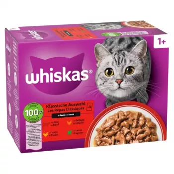 Alimento húmido para gatos saqueta Whiskas sortido 80 x 85 g — aves mistas, borrego, vaca, frango