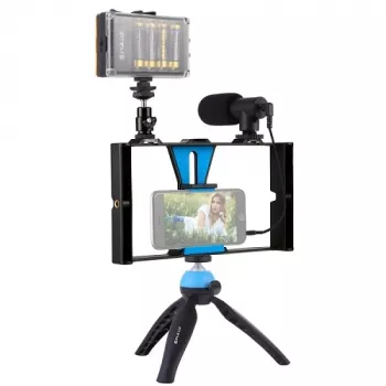 Kit de blogger com iluminação LED, tripé, suporte para telemóvel e microfone