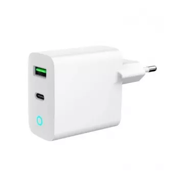 Carregador de rede 220V GEMBIRD, universal, 1x USB Type-C PD 20 W, 1x USB-A 3.0 QC 18 W, indicador LED, branco