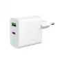 Carregador de rede 220V GEMBIRD, universal, 1x USB Type-C PD 20 W, 1x USB-A 3.0 QC 18 W, indicador LED, branco