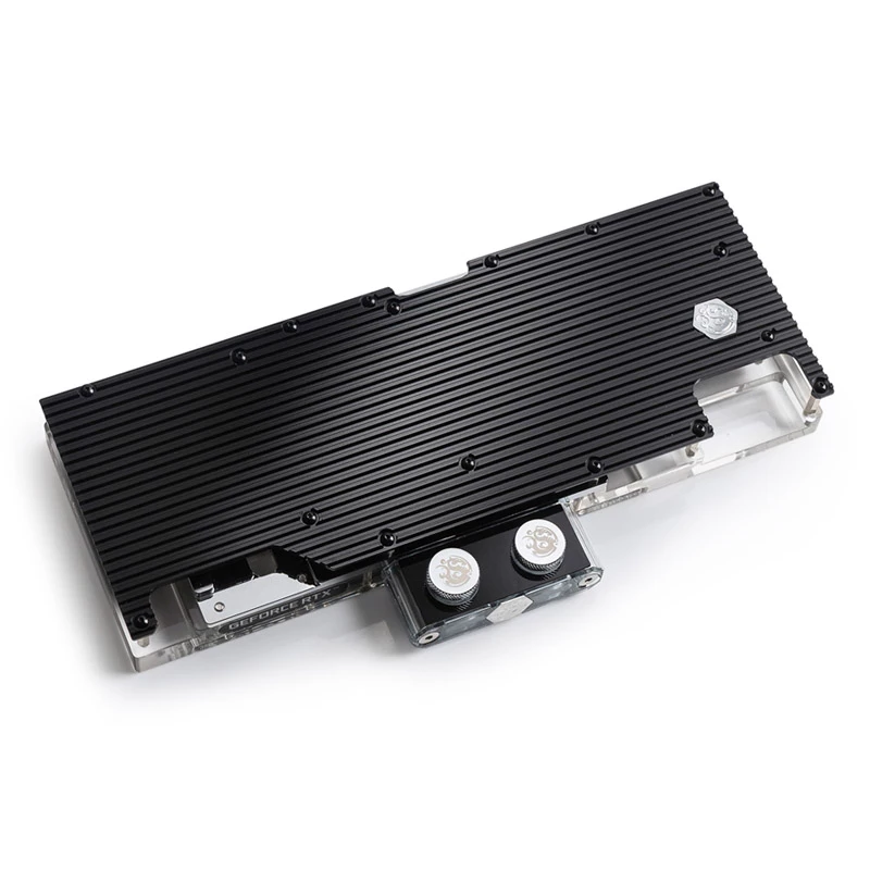 Bloco de água e backplate para GPUs BitsPower BP-VG3090EVXC3 — acrílico, cobre, aço cromado niquelado, 125,4 × 263,7 × 25 mm