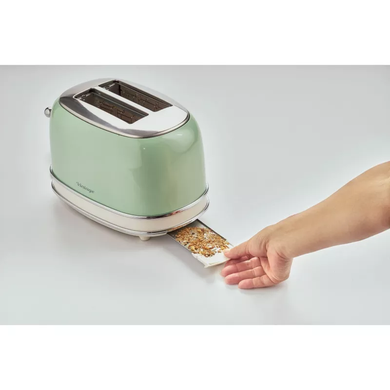 Torradeira Ariete 155 Design de 2 fatias com cestos para sanduíches, 6 níveis de tostagem, 810 W, caixa em aço inoxidável, gaveta de migalhas removível, verde pastel